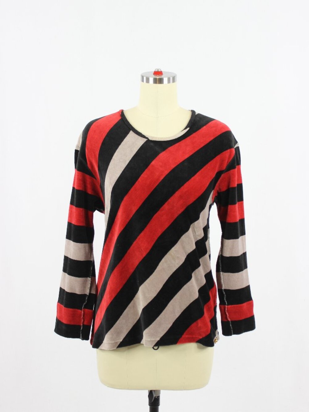 SONIA RYKIEL Red Black Grey Striped Cotton Blend Velour Long Sleeve Top, Size M